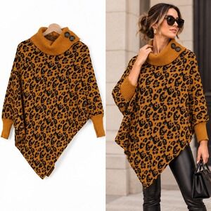 Mob Wife Leopard Print Poncho Sweater One Size Mustard Cowl Neck Statement Knit